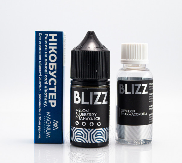 Рідина Blizz Salt Melon Blueberry Pytahaya Ice 30ml 25mg зі смаком дині, чорниці та пітахайї з холодком (набір компонентів)