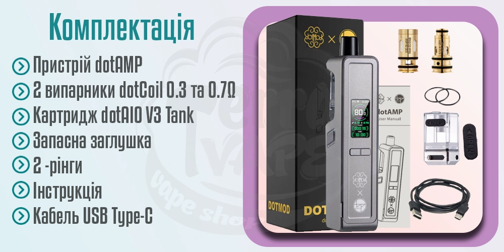 Комплектація пристрою DotMod x BP Mods dotAMP AIO Kit