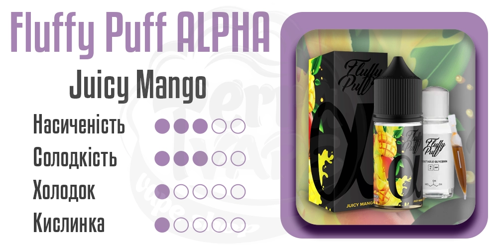 Характеристики смаку Fluffy Puff Alpha Juicy Mango