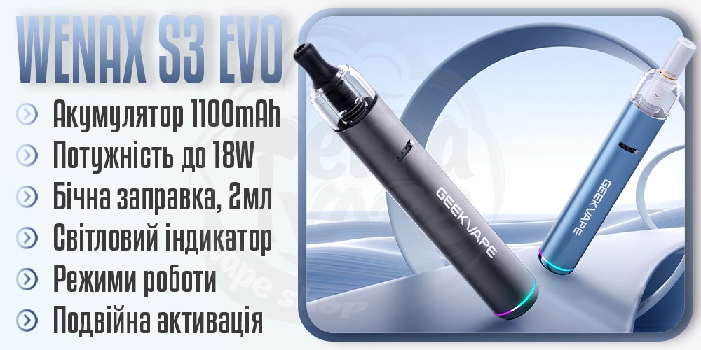 Основні параметри под-системи Geekvape Wenax S3 Evo Pod System Kit