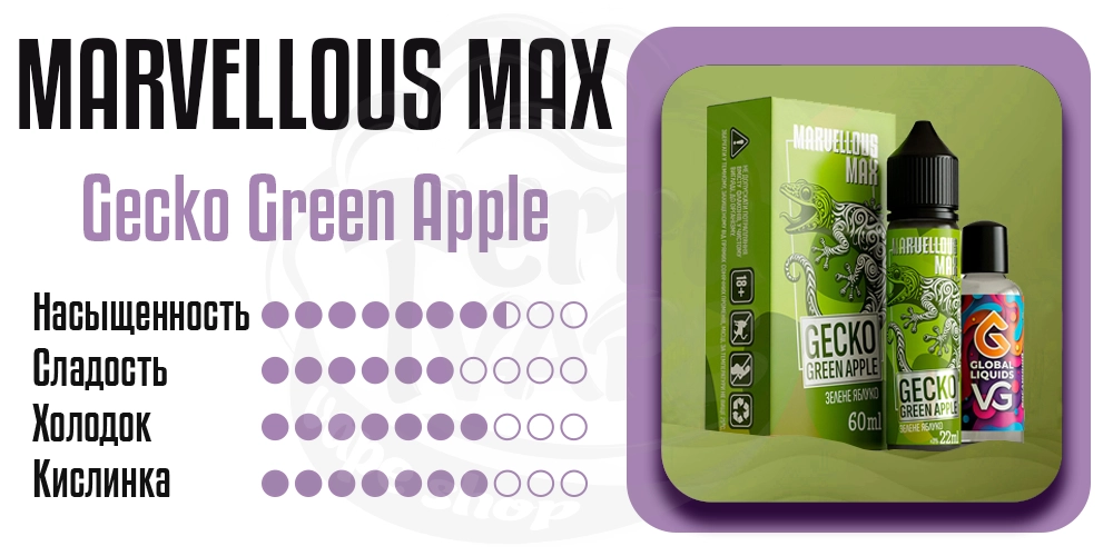 Характеристики вкуса Marvellous Max Organic Gecko Green Apple 60ml 3mg