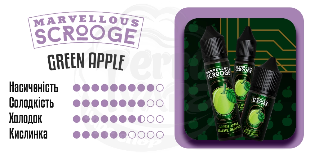 Характеристики смаку Marvellous Scrooge Salt Green Apple 15ml