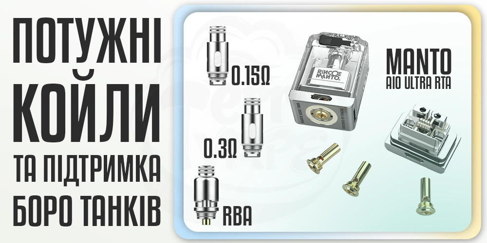 Випаровувачі і сумісність з боро-баками Rincoe Manto AIO Baby 2 Boro