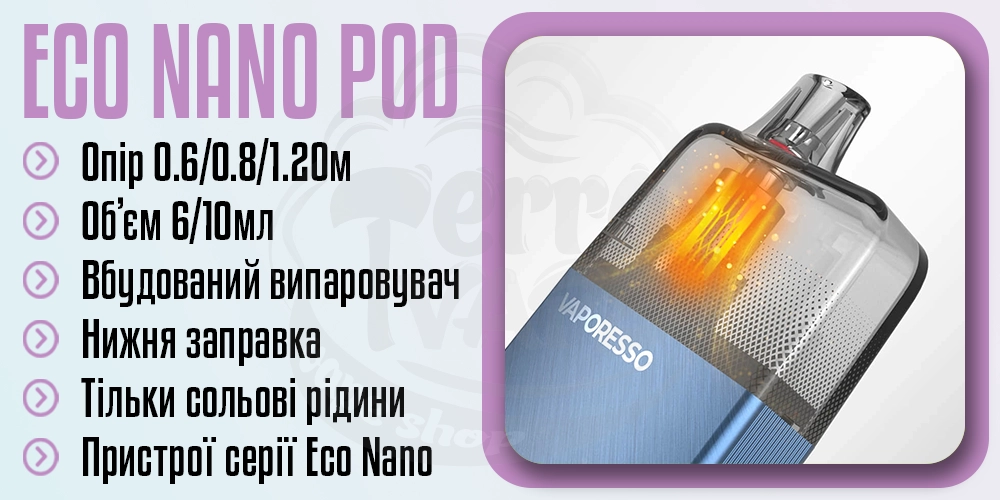 Основні параметри картриджа Vaporesso Eco Nano Pod Cartridge