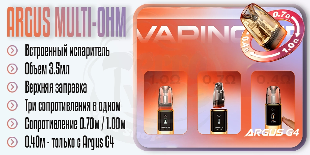 Основные параметры картриджа Voopoo Argus Multi-Ohm Cartridge