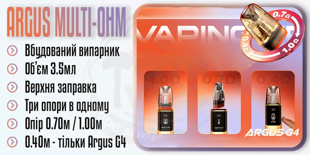 Основні параметри картриджа Voopoo Argus Multi-Ohm Cartridge